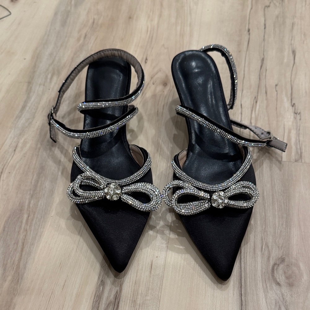Chic Black Satin Heels with Sparkling Bow